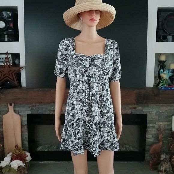 Womens Floral Babydoll Button Pull Tie Front Retro Beachy Boho Mini Summer Dress - Picture 3 of 12